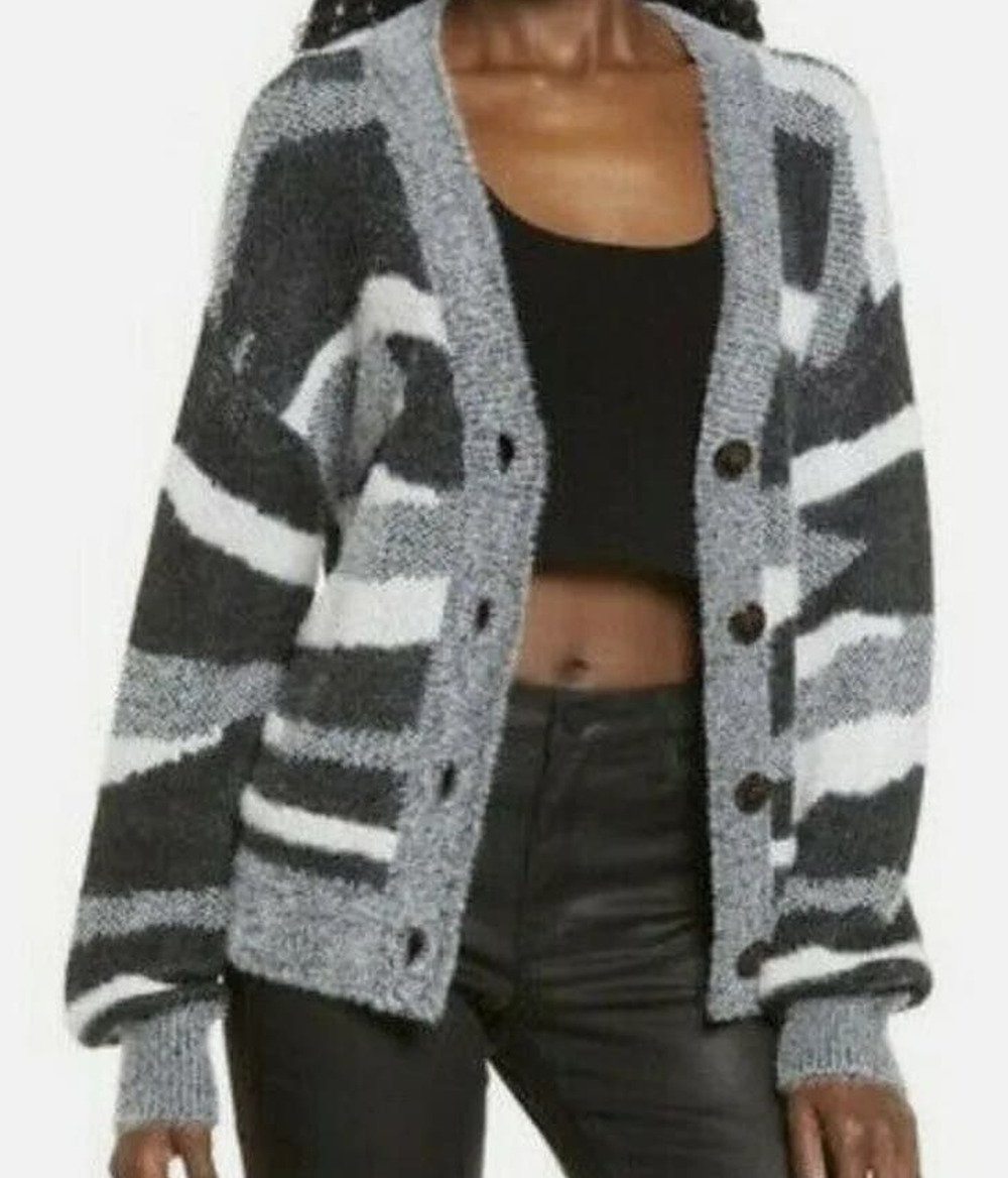 Leith Soft Fuzzy Button Cardigan Sweater LARGE NEW  Black Zebra NWT